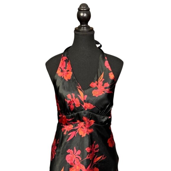 Vintage Y2K Floral Halter Cocktail Dress, Satin Asymmetrical Tiered Hem - Picture 4 of 10